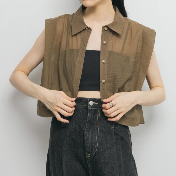 KBF Sleeveless Button Down Shirt Cropped Top Olive Green Sheer Blouse Vest - Picture 2 of 9